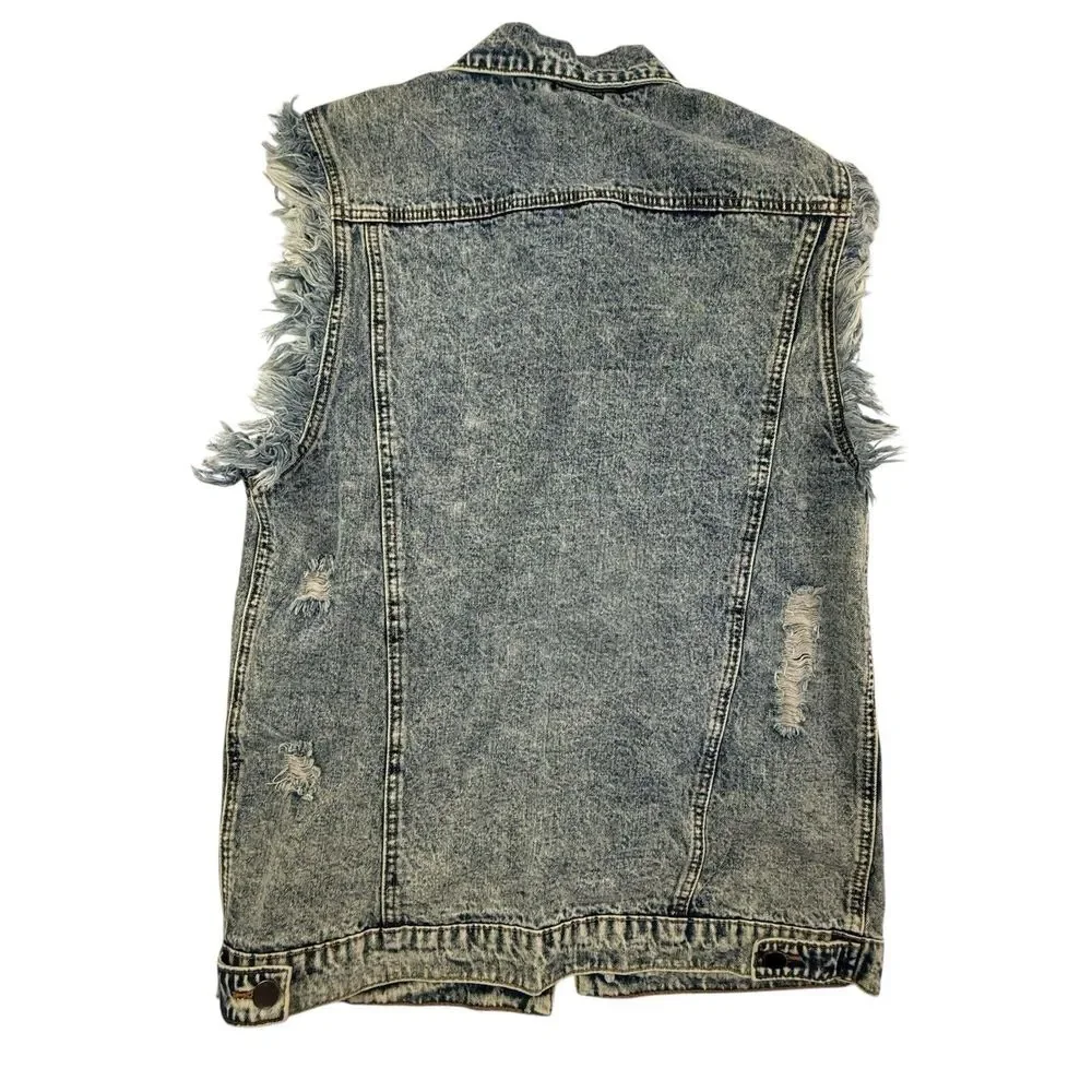Umgee Acid Washed Denim Midi Vest Women Small Retro 90s Frayed Factory Distress - Picture 6 of 12